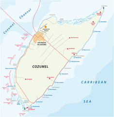 Obraz premium Cozumel beach and road vector map, Mexico