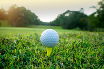 Golf ball on tee in beautiful golf course