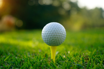 Golf ball on tee in beautiful golf course
