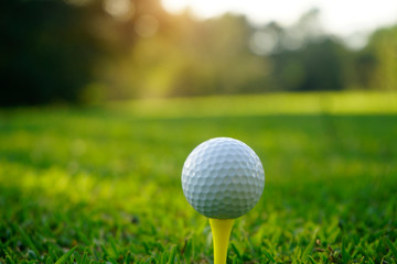 Golf ball on tee in beautiful golf course