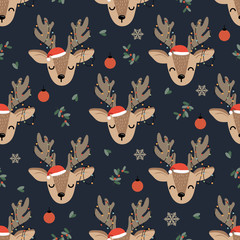 Christmas seamless pattern with reindeer background, Winter pattern with deer and decoration lights, wrapping paper, pattern fills, winter greetings, web page background, Christmas and New Year