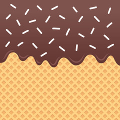 Flowing chocolate sauce on wafer vector with white sprinkles on top.