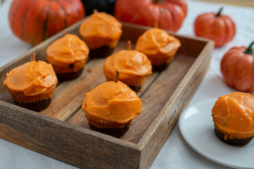 home made Halloween cupcakes and pumpkins