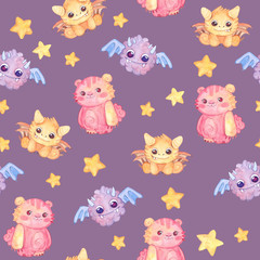 Obraz premium Seamless pattern with colorful, bright monsters, stars. Watercolor kids cartoon illustration. Hand drawn character.