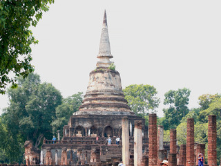Fototapeta premium Wat Chang Lom temple, archaeological site in Si Satchanalai Historical Park, popular tourist attractions and famous landmarks, Sukhothai, Thailand. UNESCO world heritage city. On Sep 29, 2019.
