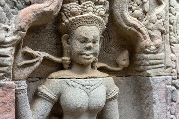 Bas Relief mural of Khmer culture in Angkor Wat temple wall , Cambodia, close up