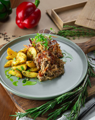 grilled chicken with vegetables on plate isolated on white