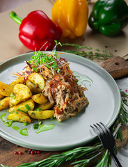 grilled chicken with vegetables on plate isolated on white