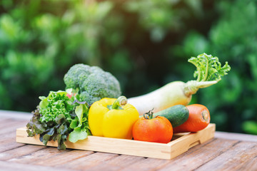 A fresh mixed vegetables in a wooden tray on the table