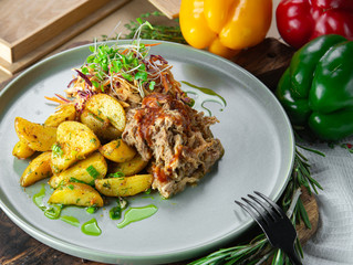 grilled chicken with vegetables on plate isolated on white