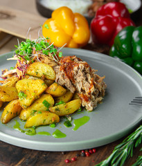 grilled chicken with vegetables on plate isolated on white
