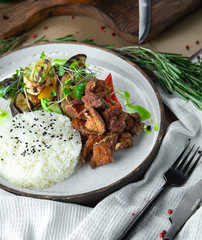 hearty lunch with rice and chicken