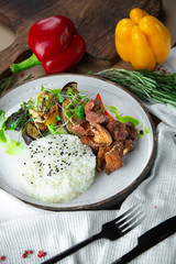 hearty lunch with rice and chicken