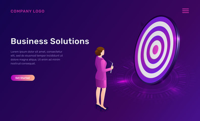 Business solution, target achievement isometric concept vector illustration. Round dart board and businesswoman makes decision.. Symbolic goals achievement, successful solution on ultraviolet banner