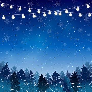 Christmas trees with light bulbs on starry sky background - vector greeting card for winter holiday design