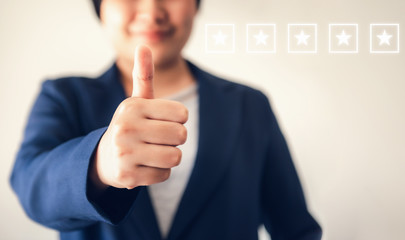 Business Woman Accountant Giving Thumbs Up While Looking at Camera, Close-Up Portrait of Businesswoman Showing Raise Hands and Thumbs Up for Good Satisfaction Attitude. Business Financial/Accounting.