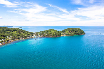 Aerial view of Phu Quoc islands with blue sky and clear water in Southern Vietnam Indochina