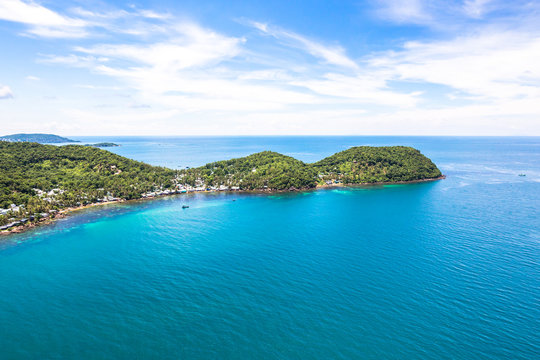 Aerial view of Phu Quoc islands with blue sky and clear water in Southern Vietnam Indochina