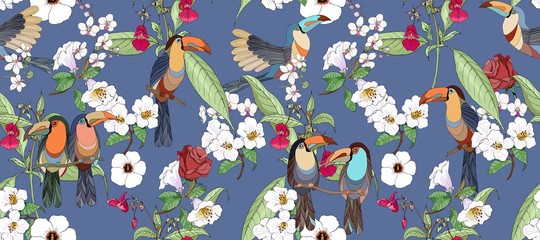 Toucans in a thicket of flowers. Tropical pattern for textiles. © OlgaShashok