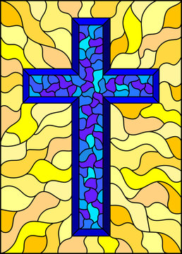 The illustration in stained glass style painting on religious themes, stained glass window with a blue Christian cross , on a yellow  background 