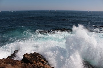 view of sea waves bursting on the rocks in Algarrobo beach in Chile