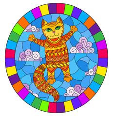 Stained glass illustration with cartoon red cat on the background of the sky and clouds, oval image in bright frame