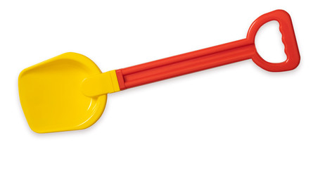 One red yellow kid's shovel isolated on white