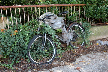 Fototapeta na wymiar Broken old bicycle with twisted tyre and rusted parts left next to abandoned family house front metal fence partially covered with nylon and crawler plants on warm sunny summer day