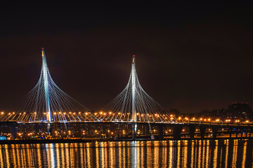 St Petersburg, Russia The Western High Speed Diameter bridge at night,