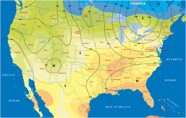 fictional map of the usa temperature barometric pressure wind speed wind direction - obrazy, fototapety, plakaty