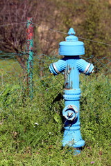Old partially rusted vintage light blue metal fire hydrant in front of broken wire fence surrounded...