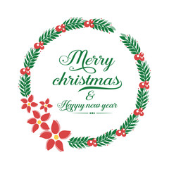 Fototapeta na wymiar Ornate of greeting card merry christmas and happy new year, with decor cute green leaf floral frame. Vector
