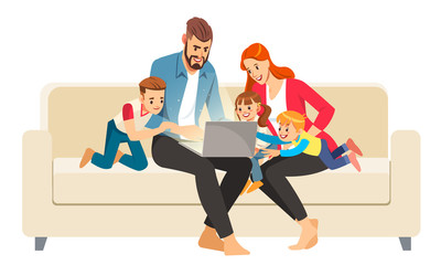 Portrait of a jolly family using a laptop sitting on sofa at home. Vector illustration in cartoon style.