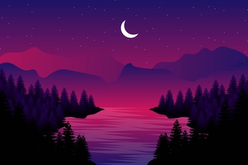 Obraz na płótnie Canvas Fantasy forest landscape with night sky illustration 