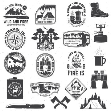 Set of outdoor adventure quotes symbol. Concept for shirt or logo, print, stamp or tee. Vintage design with hiking boots, binoculars, mountains, fishing bear, deer, tent and forest silhouette