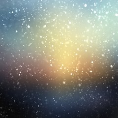 Golden shimmer snow. Night winter landscape defocus illustration. Dawn sky holiday glitter blur texture. Christmas miracle. Bright yellow sun shine on dark blue background. Cool festive backdrop.