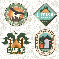 Set of outdoor adventure quotes symbol. Vector. Concept for badge, patch, shirt, logo, print, stamp or tee. Design with condor, camping tent, mountains, coffee and forest silhouette.
