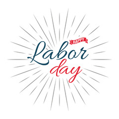 Happy Labour Day! Red and Blue vector lettering illustration on light grey background