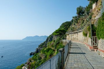 Fototapeta na wymiar Cliff on the rocks of the city Riomaggiore, Cinque Terre, La Spezia, Italy