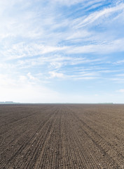 Obraz na płótnie Canvas black agriculture field and blue sky with clouds