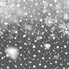 Realistic snowfall on transparent background. Falling snowflakes. Vector