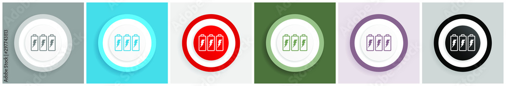 Poster Battery icon set, colorful flat design vector illustrations in 6 options for web design and mobile applications