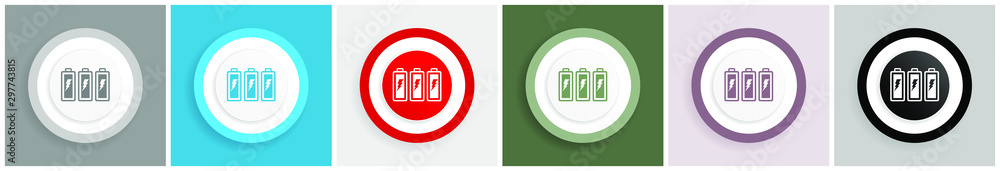 Poster battery icon set, colorful flat design vector illustrations in 6 options for web design and mobile a