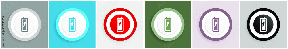 Poster battery icon set, colorful flat design vector illustrations in 6 options for web design and mobile a