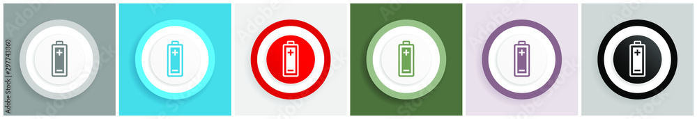 Poster battery icon set, colorful flat design vector illustrations in 6 options for web design and mobile a