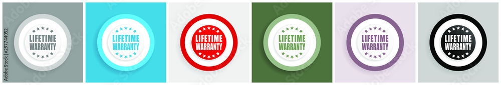 Aufkleber Lifetime warranty icon set, colorful flat design vector illustrations in 6 options for web design and mobile applications