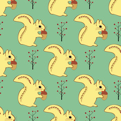 Cute squirrels with acorns and berry bushes on a light green background