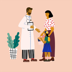 Doctor and patient medical concept. Pediatrician consulting  a woman with a child. Trendy colorful vector illustration in flat cartoon style.