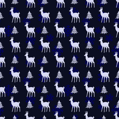 Vector seamless Christmas pattern with silver christmas deers and trees on blue background; holiday design for greeting card, gift box, wallpaper, fabric, textile, package, web design.