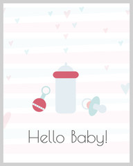 Little baby invitation, postcard. Hello baby invitation. Baby bottle and nipple